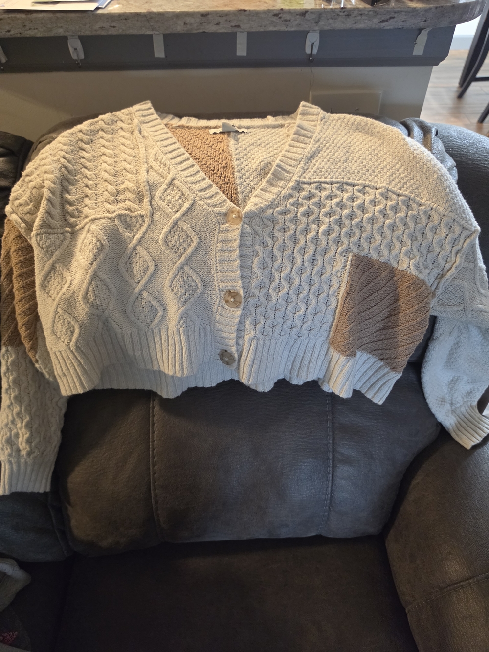 American Eagle Outfitters Cream and Tan Cable-Knit Cropped Cardigan